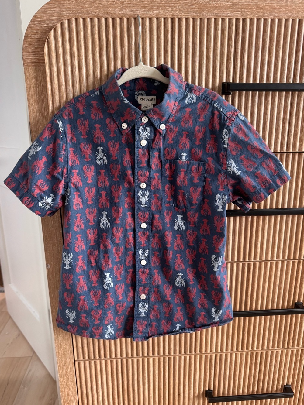 Crewcuts Navy Short-Sleeve Button-Down with Red & White Lobster Print
